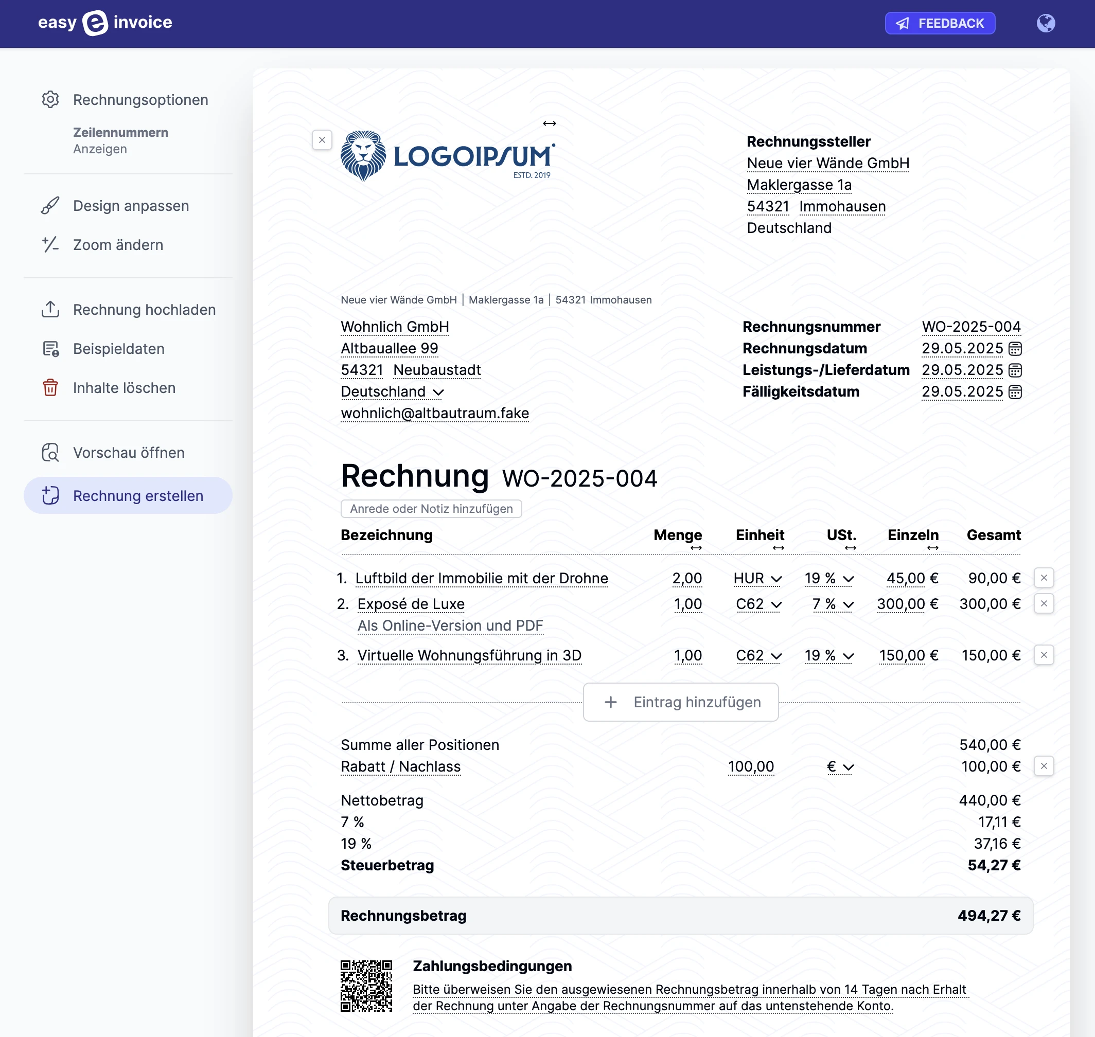 Screenshot der Bearbeitungsansicht des E-Rechnungseditors mit Vorschau und Werkzeugleiste